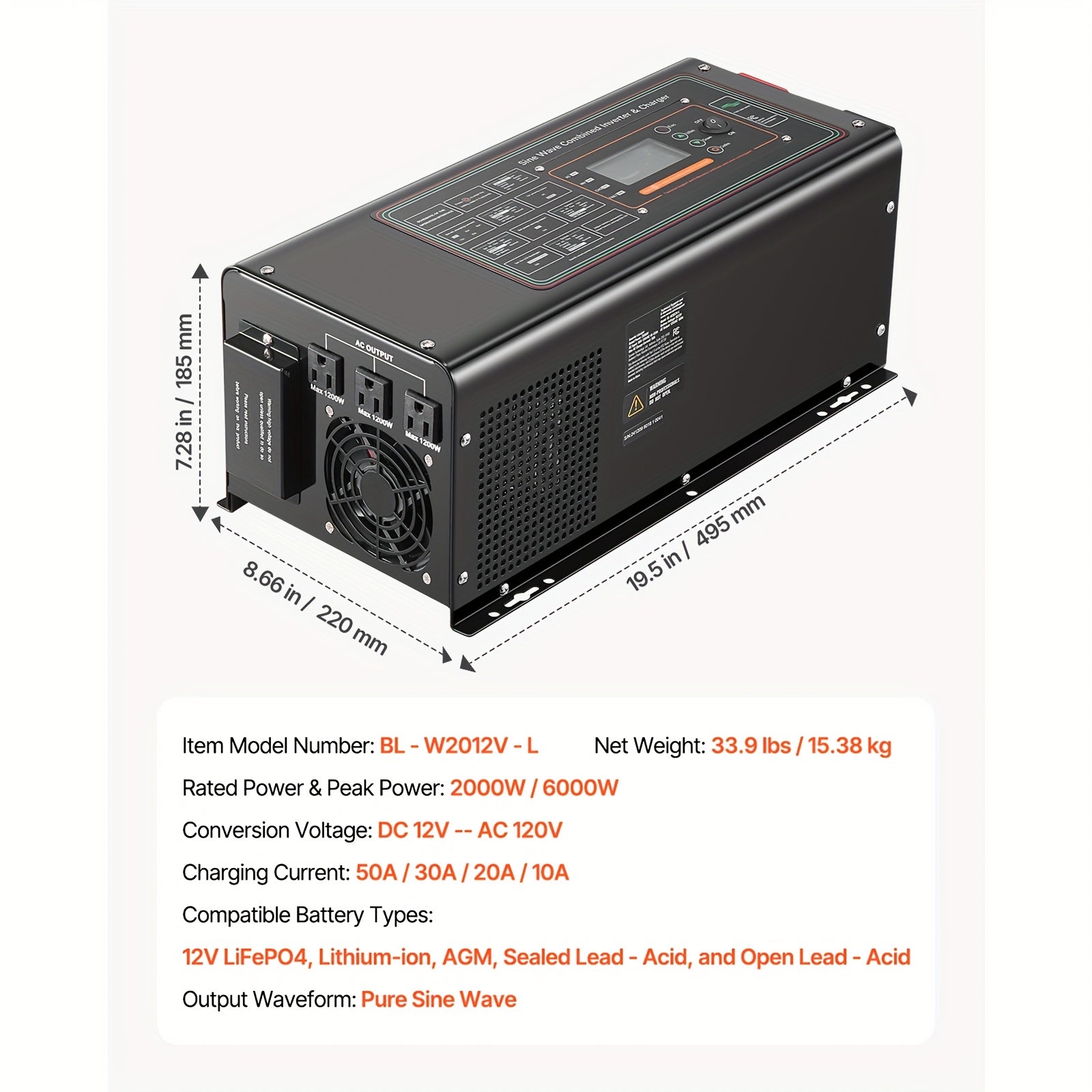 逆变器充电器 2000 W/3000 W 120V 12V/24V 110V 无插 S001 全区域可售