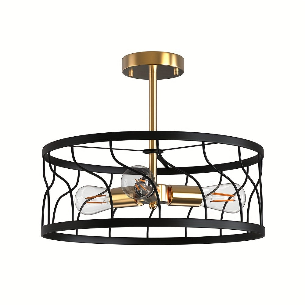 Modern 3-Light Black and Gold Semi-Flush Mount Ceiling Fixture with Drum Cage Design - Elegant Metal Lighting for Kitchen, Hallway, Bedroom or Living Room, E26 Base (Bulb Not Included), Living Room Decor | Modern Ceiling Light | Durable Metal