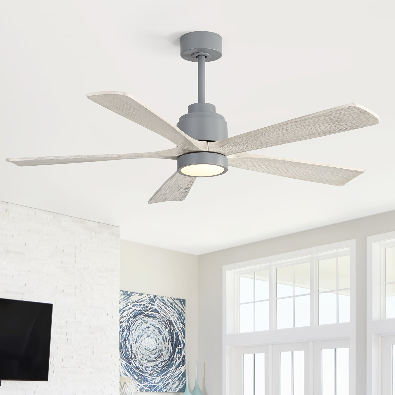Sofucor 52 Inch Solid Wood Ceiling Fan with Remote & Light, 5/10/24" Downrods, 18W Memory LED Light, Reversible DC Motor, 1/4/8H Timer, 5 Wood Blades, Silent for Home Kitchen Living Room Bedroom