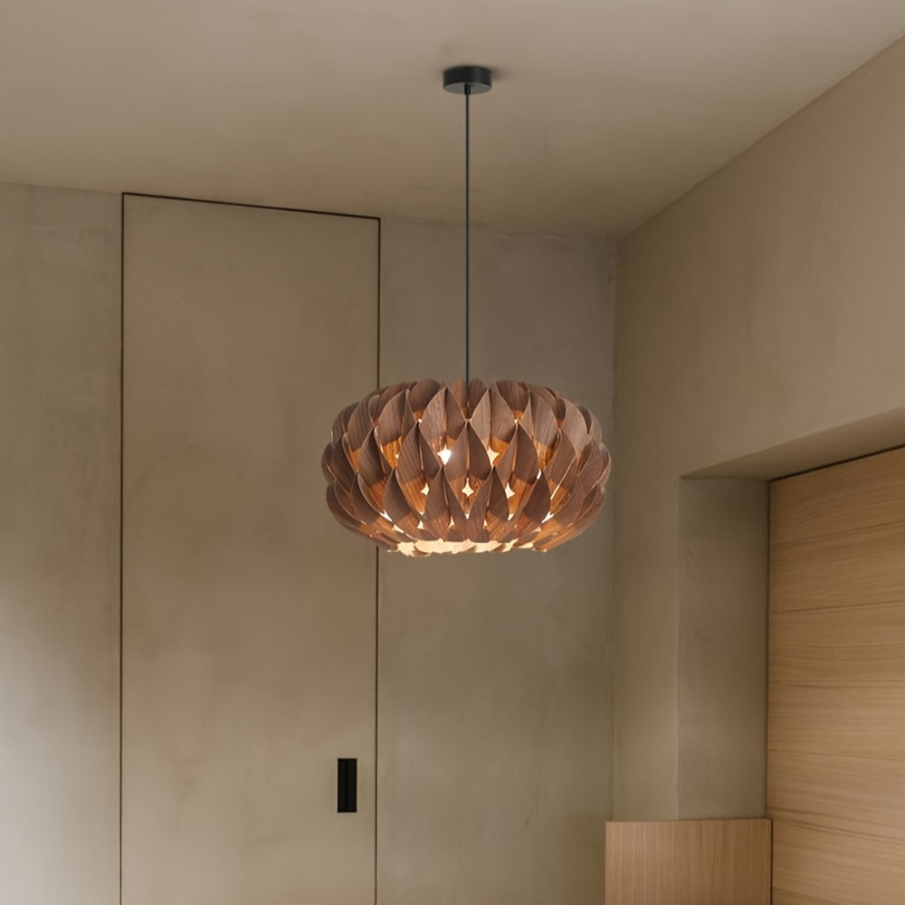 15.75 Inch Wooden Pendant Light, Suitable for Hotel, Bedroom, Dining Room - E27 Bulb Compatible Ceiling Light, Wood/Veneer Material, Elegant Design Fan Compatible Ceiling Mount (Lampshade Only)