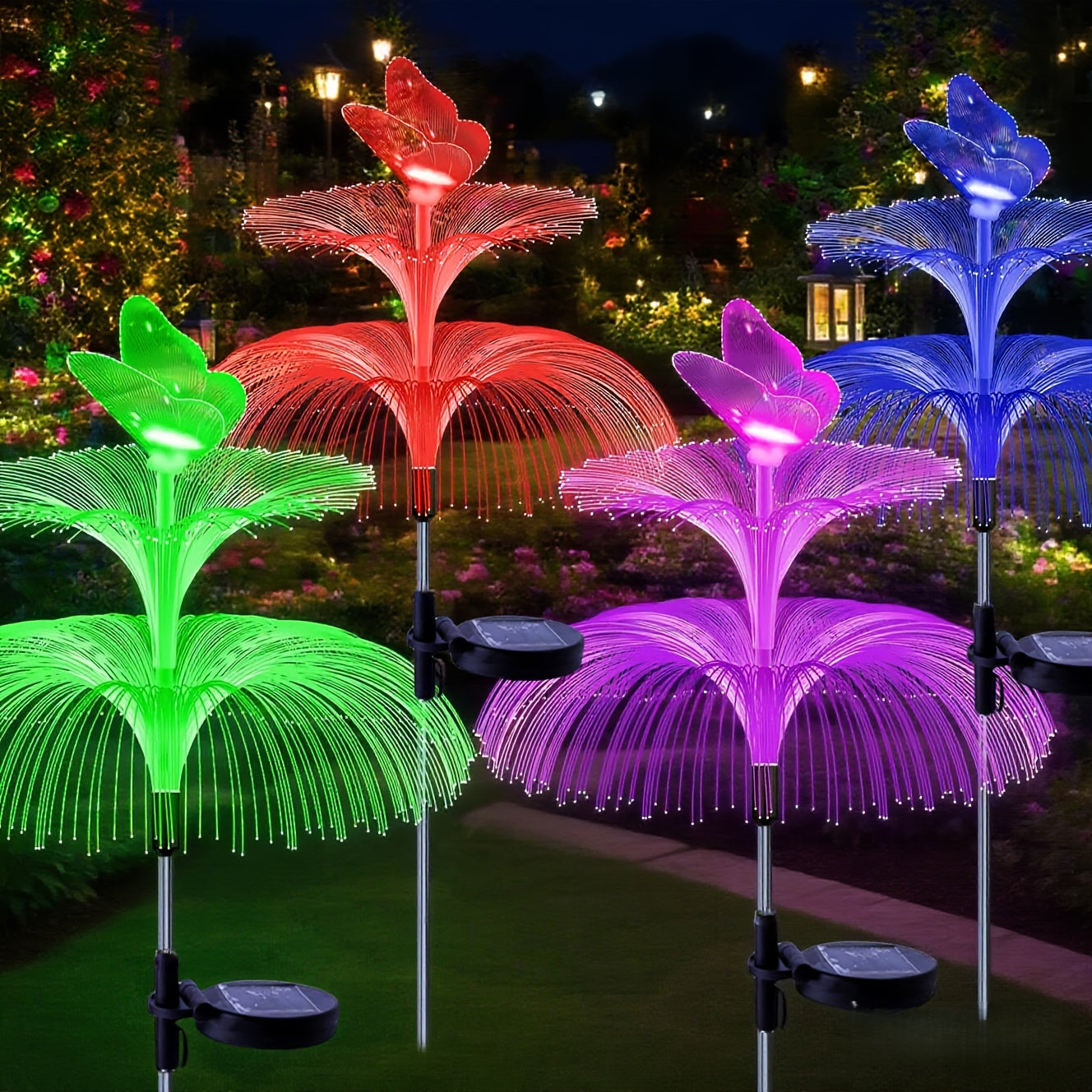 Solar Garden Light 4-Pack Solar Outdoor Decorative Light 7 Color Changing Double Jellyfish and Butterfly Flower Garden Decoration Courtyard Christmas Pool Outdoor Decoration, Gift for Mother and Women