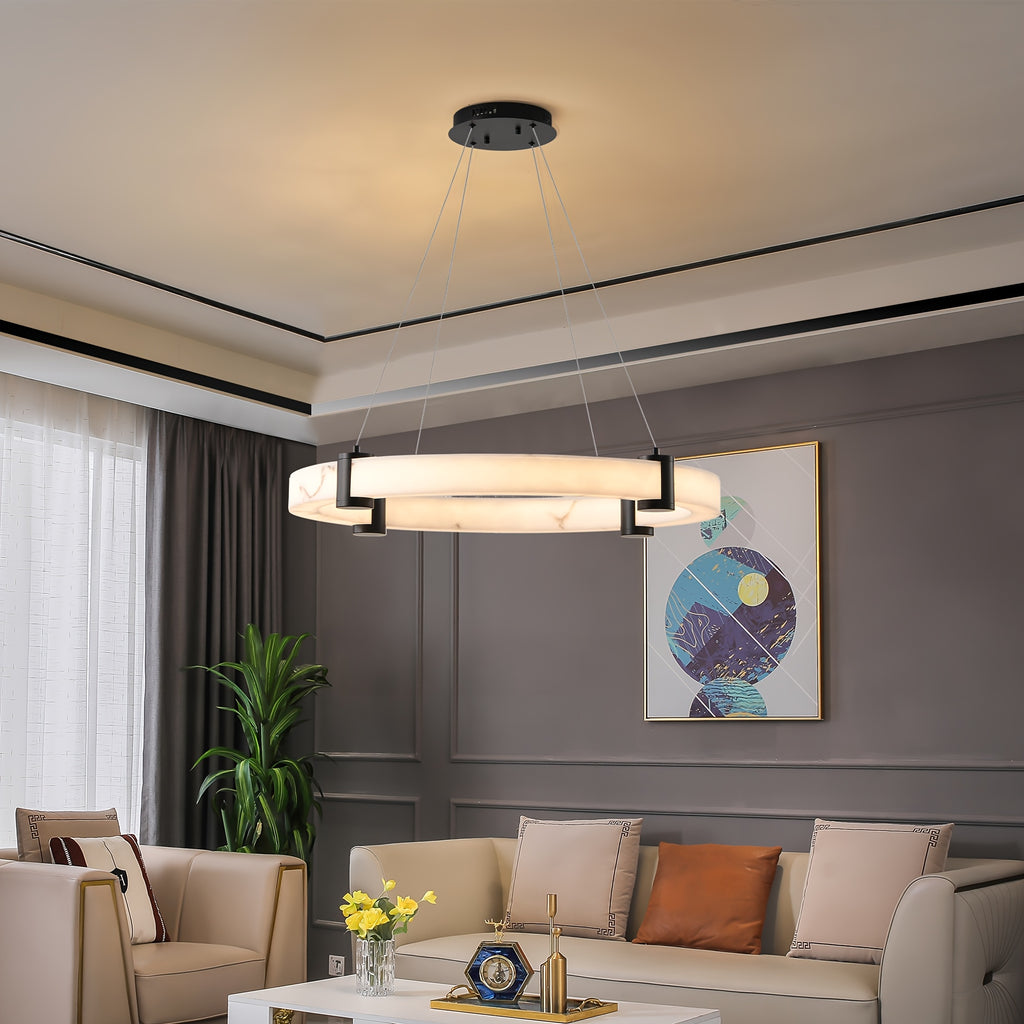 23.6-inch modern LED pendant light, round height-adjustable pendant light, warm light, faux marble finish resin ring ceiling light, suitable for dining room, kitchen island, living room