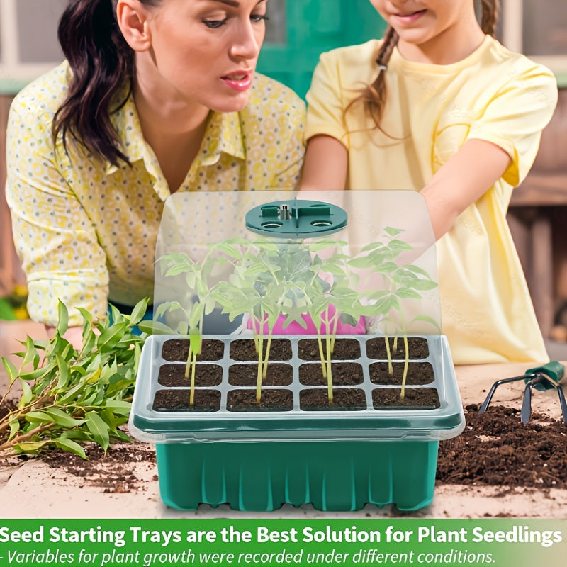 6-Piece Seed Germination Tray Set, Seed Starter Kit with Grow Light, Nursery Tray with Humidity Dome, 3.9 Inch Tall Lid with Drain Holes, Ideal Indoor Spring Vegetable & Fruit Seedling Device, 12 Cells Per Tray