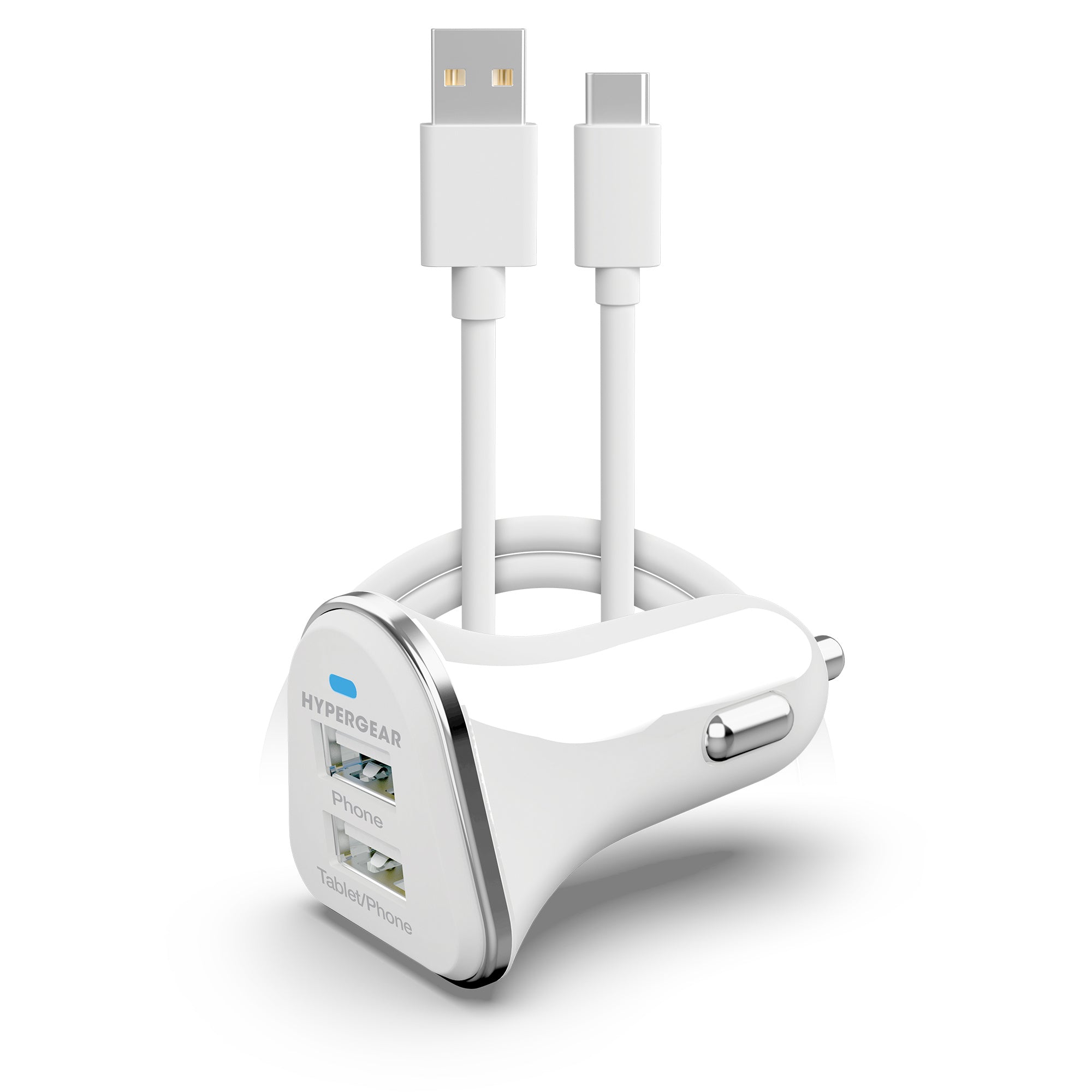 HyperGear Basics | 17W High-Power Dual USB Car Charger | 3ft USB-C Cable | White