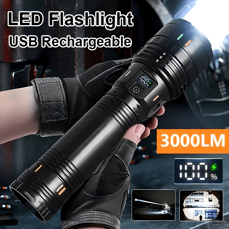 Super Bright High Lumen Telescopic Tactical Flashlight, USB Rechargeable, 3000 Lumen, 3600mAh, IP44 Waterproof, Ideal for Outdoor, Camping, Adventure, Fishing, Patrol, Home Use and Gift
