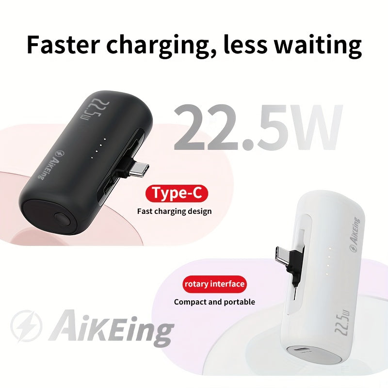 Aikeing 5000mAh 迷你行動電源，手機充電解決方案，iPhone 充電器，Type-C 相容行動電源，具備 LED 數位螢幕，適用於 iPhone 16/16 Plus/15 Pro/15 Pro Max/iPad Pro/Android 裝置