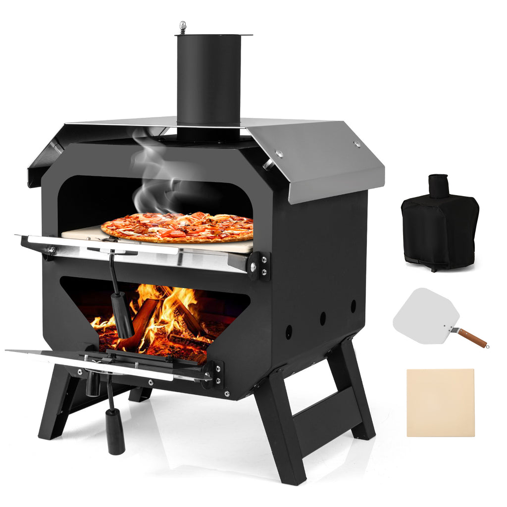 COSTWAY 12" Outdoor Pizza Oven, Portable Charcoal Pizza Stove with Pizza Stone, Pizza Peel & Oxford Cloth Cover, Multi-Fuel Pizza Maker with Stainless Steel Roof, Ideal for Patio, Backyard, Camping & BBQ