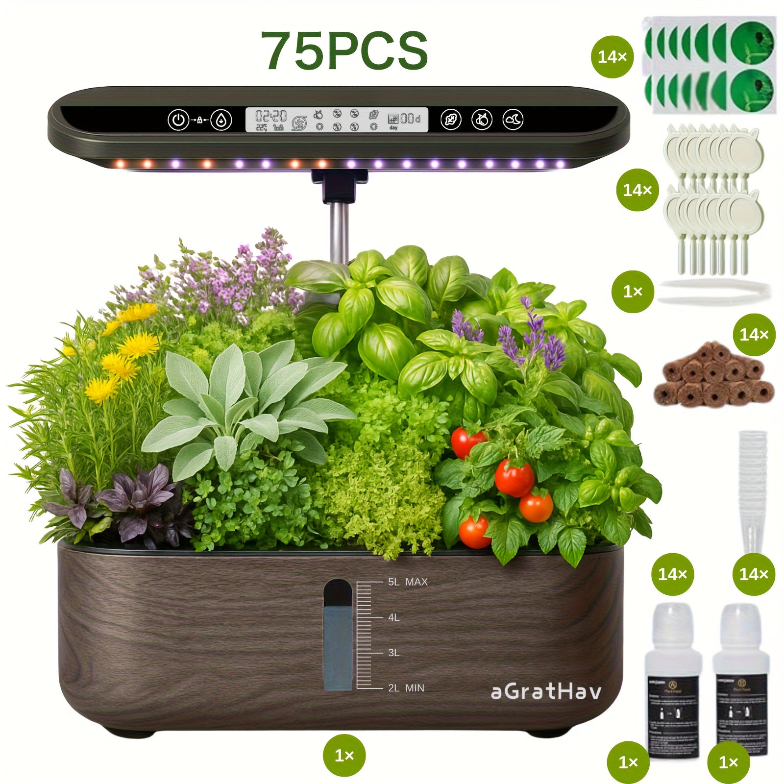 75Pcs Hydroponic Gardening Kit with LED Grow Light, 14 Plants 1.32Gallon/5L Water Tank Quiet Pump, 3 Smart Light Modes & Timer, for Herbs Vegetables Flowers, Perfect Gardening Gift