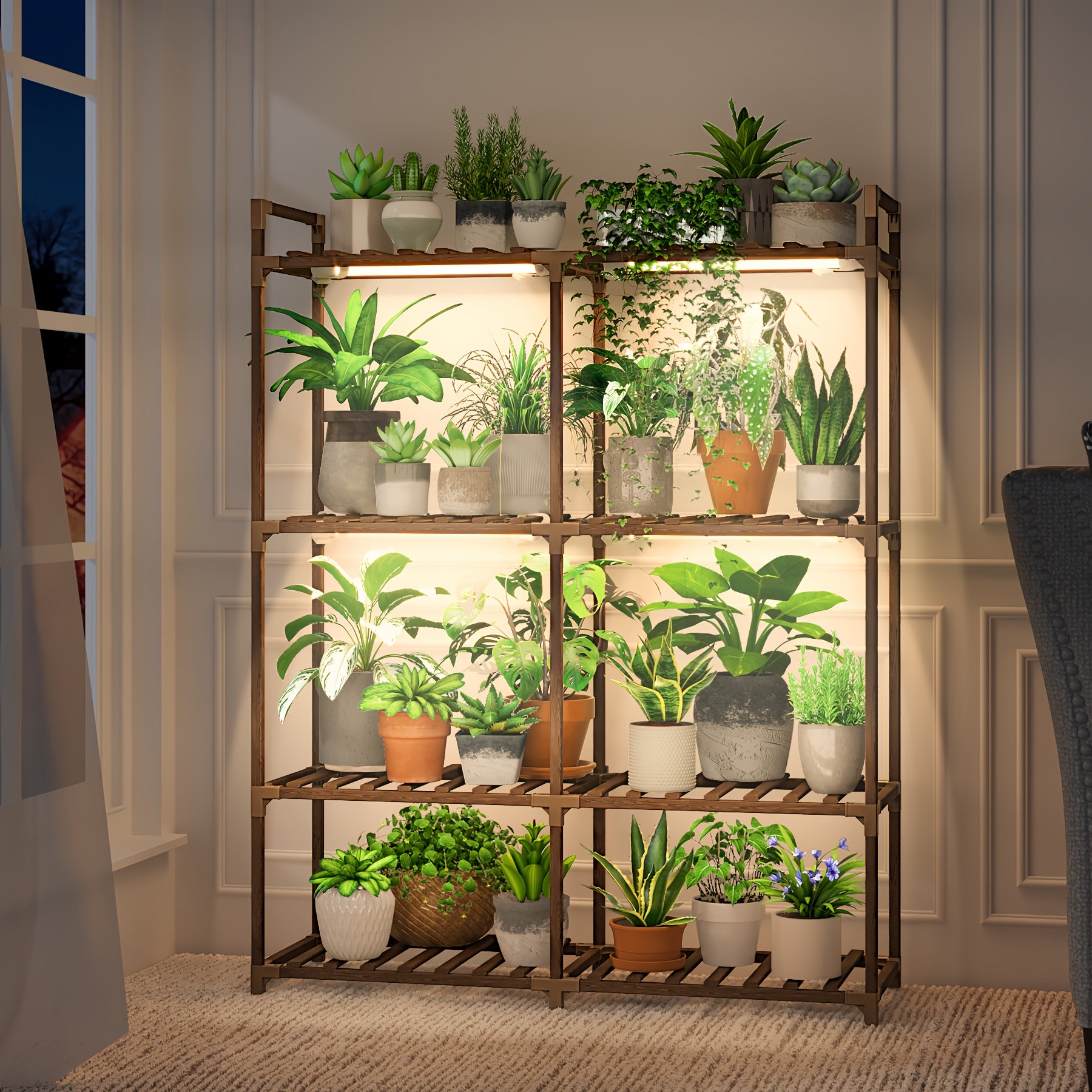 BF Plant Stand with Grow Light, 4-Tier Wooden Plant Stand, 44.7 Inch Tall Indoor Plant Shelf, Multi-Tier Large Plant Display Rack, Corner Plant Holder for Living Room & Patio