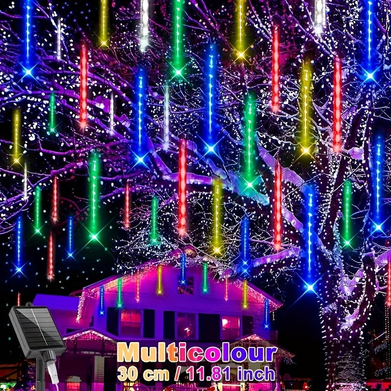 1 piece 30cm/11.81inch or 45cm/17.72inch solar meteor tube light outdoor, automatic on/off, smart light sensor, 192LED/288LED 8-tube hanging solar fairy light, IP65 high quality, suitable for garden, wedding, Christmas, Halloween, party