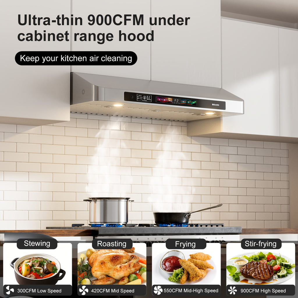 BRANO 30-Inch Built-In Range Hood with Voice/Gesture/Touch Control, 900 CFM High-Performance Exhaust Fan, Stainless Steel Kitchen Ventilation Grille with LED Light, 4-Speed Silent Operation