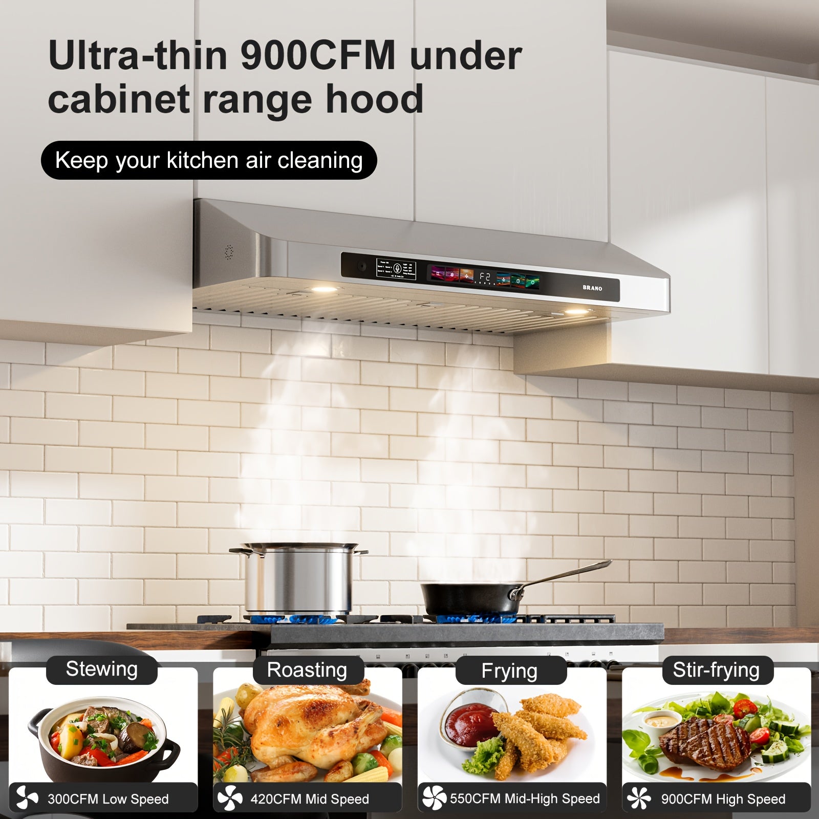 BRANO 30-Inch Built-In Range Hood with Voice/Gesture/Touch Control, 900 CFM High-Performance Exhaust Fan, Stainless Steel Kitchen Ventilation Grille with LED Light, 4-Speed Silent Operation