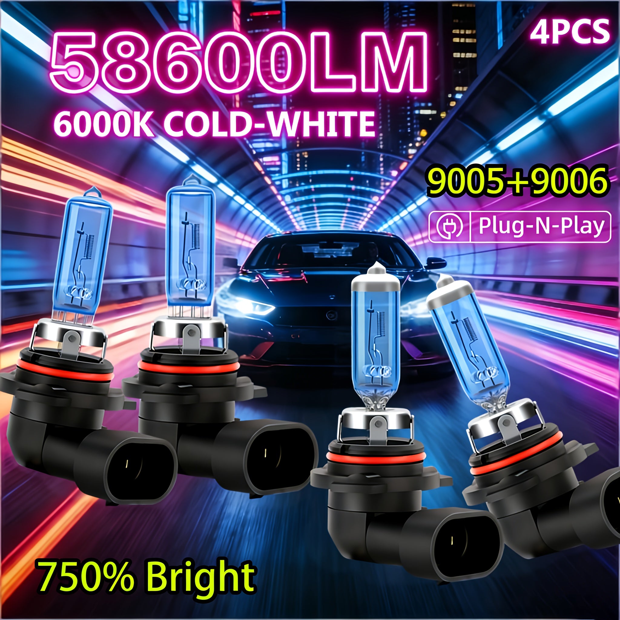 4-Pack LED Car Headlights, Bright Plug-and-Play 6000K White Light, Compatible with 9005/9006/H7/H1/H4/H11 Sockets, Total Luminous Flux 58600 Lumens, High/Low Beam Integrated Fog Light, Fast Heat Dissipation