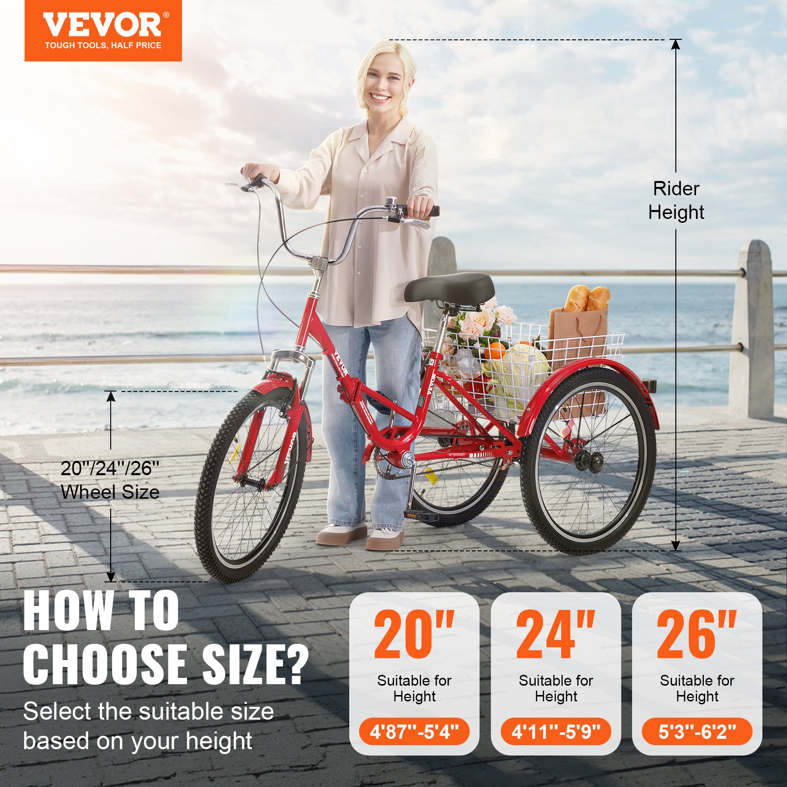 VEVOR 24 英寸成人折叠三轮车 - 碳钢 3 轮自行车，带大篮子和可调节座椅 - 购物和野餐的完美选择 - 女士、男士和老年人都适用（红色/蓝色）