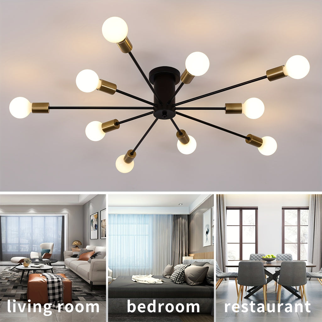 Enkel 10-Head Modern Industrial Style Satellite Pendant Light - Black Gold Semi-Flush Mount Ceiling Light, 38-Inch Wide Hardwired Pendant Light with Dimmable Function (Compatible with E26/E27 Sockets), Suitable for Living Room, Kitchen, Bedroom