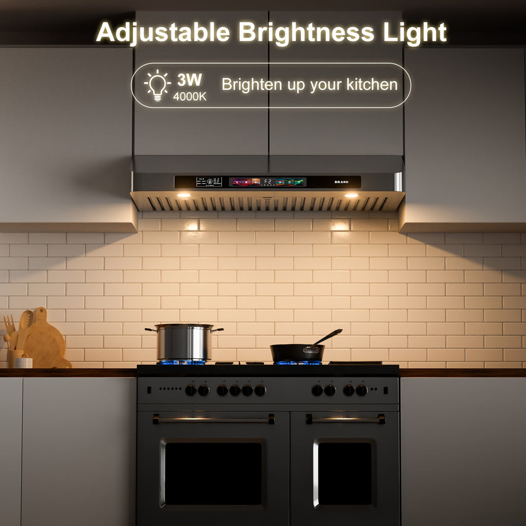 BRANO 30-Inch Built-In Range Hood with Voice/Gesture/Touch Control, 900 CFM High-Performance Exhaust Fan, Stainless Steel Kitchen Ventilation Grille with LED Light, 4-Speed Silent Operation