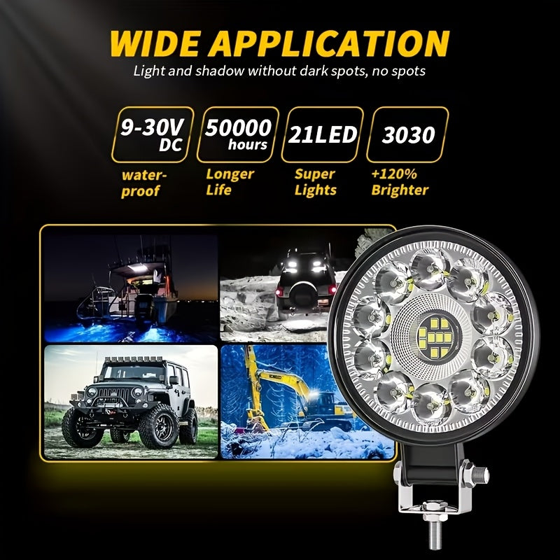 YIGEDENG 2-pack mini round/square LED work light, 6000K white light, 21 LEDs/28 LEDs modified off-road headlight, suitable for off-road vehicle/motorcycle/engineering vehicle modification auxiliary light