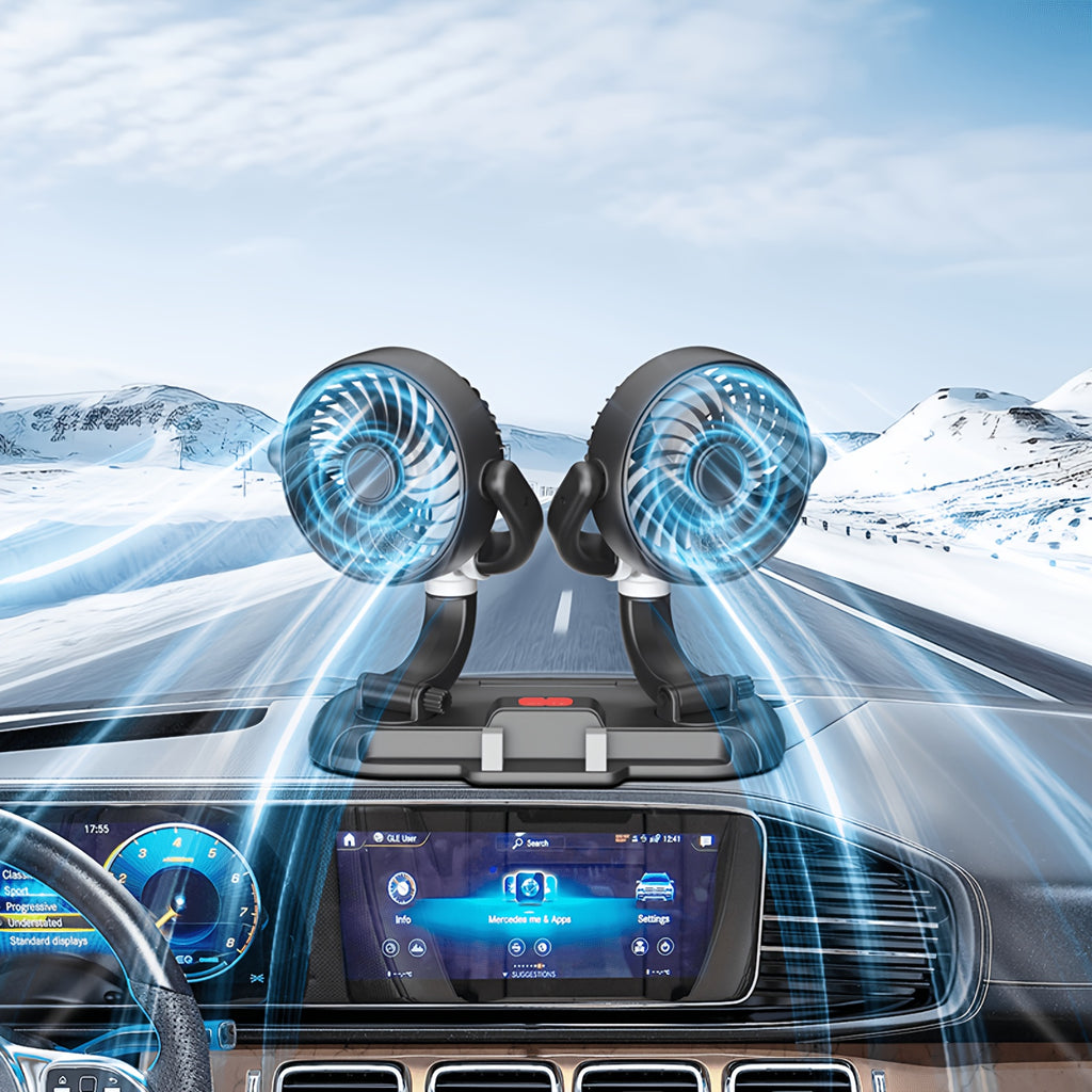 Dual-Head Car Fan - Powerful Wind, Adjustable Speed, Multi-Angle Rotatable, Compact Design with Phone Storage Slot, Suitable for Cars, SUVs and Trucks, Perfect for Travel, Beach Vacation, Back to School, Comfortable Car Interior Use, Battery-Free Design