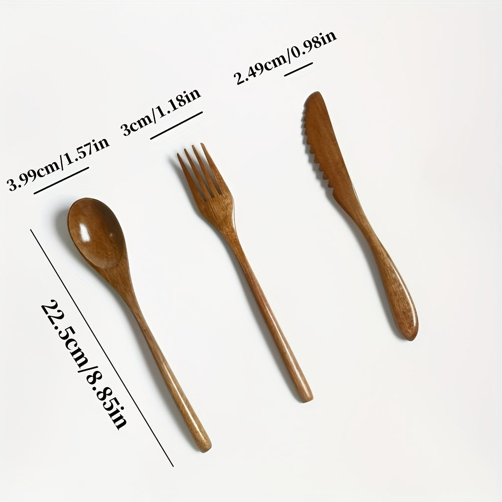 Handcrafted Nanmu Wood Cutlery Set – Solid Wood 22.5cm Knife, Fork & Spoon – Natural Wood Texture, Vintage Design, Simple Rustic Style Cutlery Set