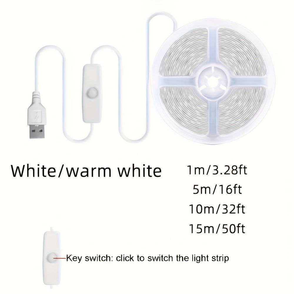50英尺/32英尺/16英尺USB LED灯条，5V 2835白色/暖白色LED灯，带有按钮，灵活的USB灯，可粘贴，可切割，用于电视背景照明，家居装饰灯，用于电视背光，卧室，橱柜，厨房，DIY照明