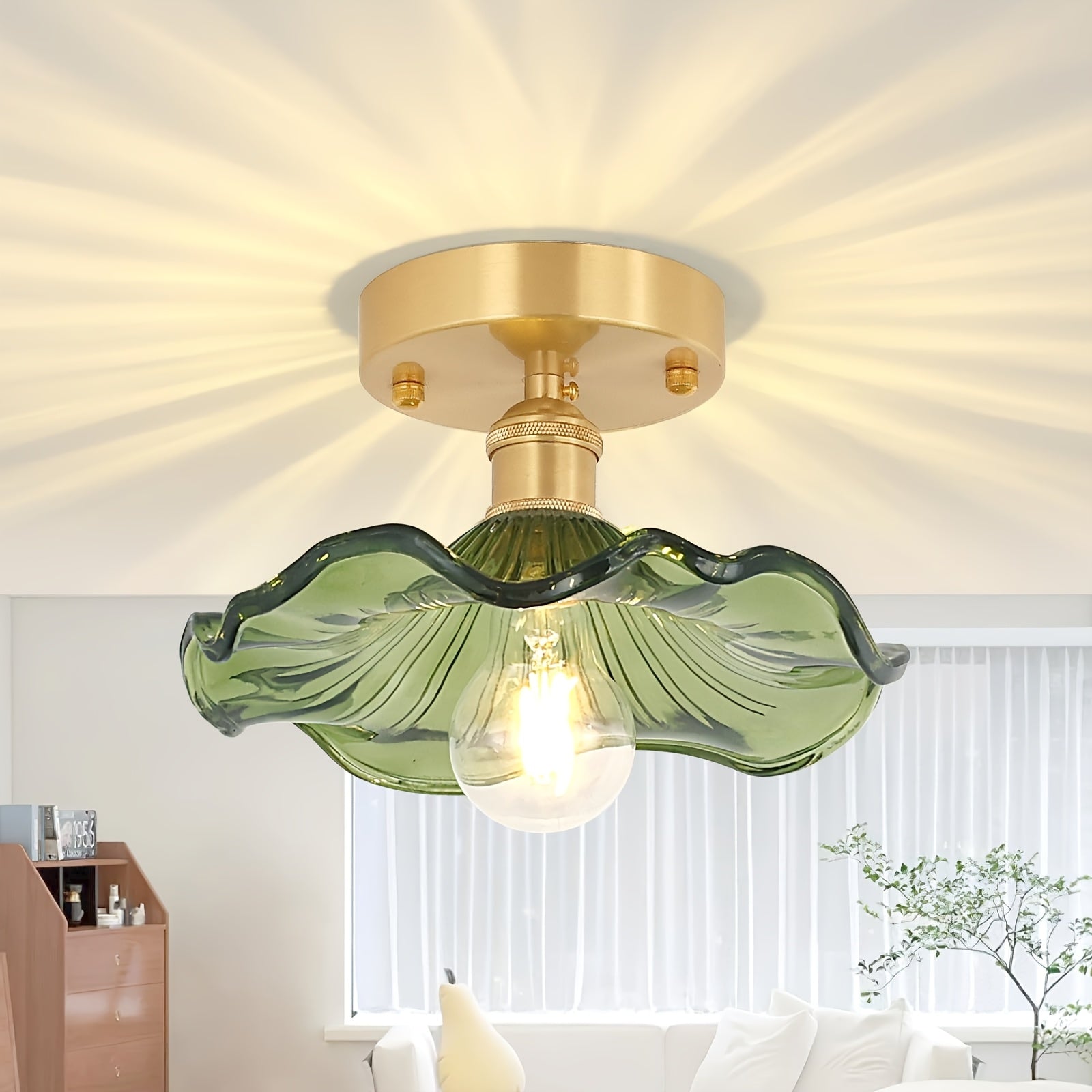 Semi-flush mount ceiling light, gold hallway vintage light fixture ceiling, with green water lily glass, 4.72-inch base modern ceiling light, suitable for porch, kitchen, bedroom (E27 base, bulb not included)