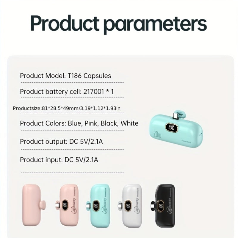 WINSWAY 迷你行動電源 5000mAh, 15W PD USB C 手機充電器, LCD 螢幕電量顯示, 適用於 Iphone 16/15/15 Plus/15 Pro/15 Pro Max/Android/Samsung/Moto/Lg, 聖誕禮物首選