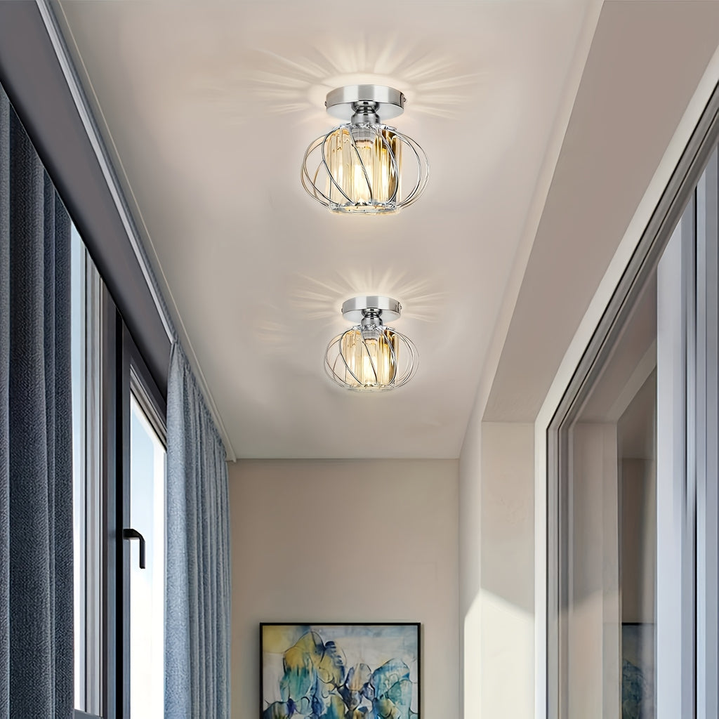 2-Piece Modern Industrial Semi-Flush Mount Pendant Light with Crystal Accents - Polished Metal Cage Design, Semi-Flush Mount Installation for Living Room, Kitchen, Bathroom, Entryway - Bulbs Not Included, Kitchen Lighting