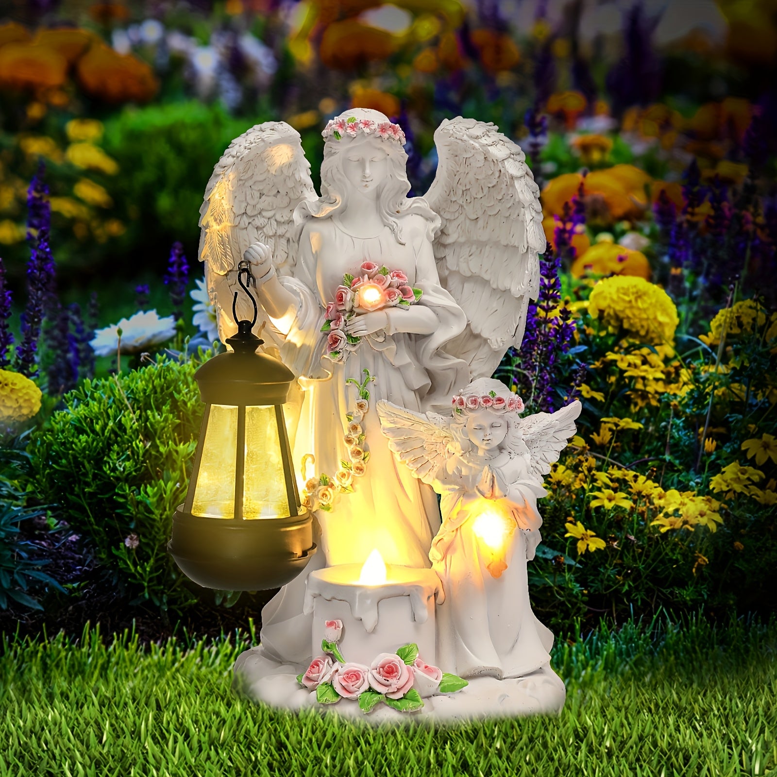 OTDECOR 1-Piece Angel Lantern Outdoor Statue, Flower-Decorated Winged Angel Outdoor Tabletop Decoration, Soft Warm Light Angel Ornament Outdoor Tabletop Accessory, Quiet Patio Garden Outdoor Decor Outdoor Tabletop Statue
