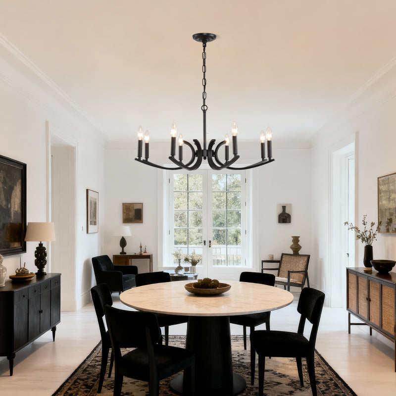 8-light farmhouse style chandelier, black metal branched chandelier, industrial style high ceiling living room dining room foyer lighting fixture, adjustable height - E12 base
