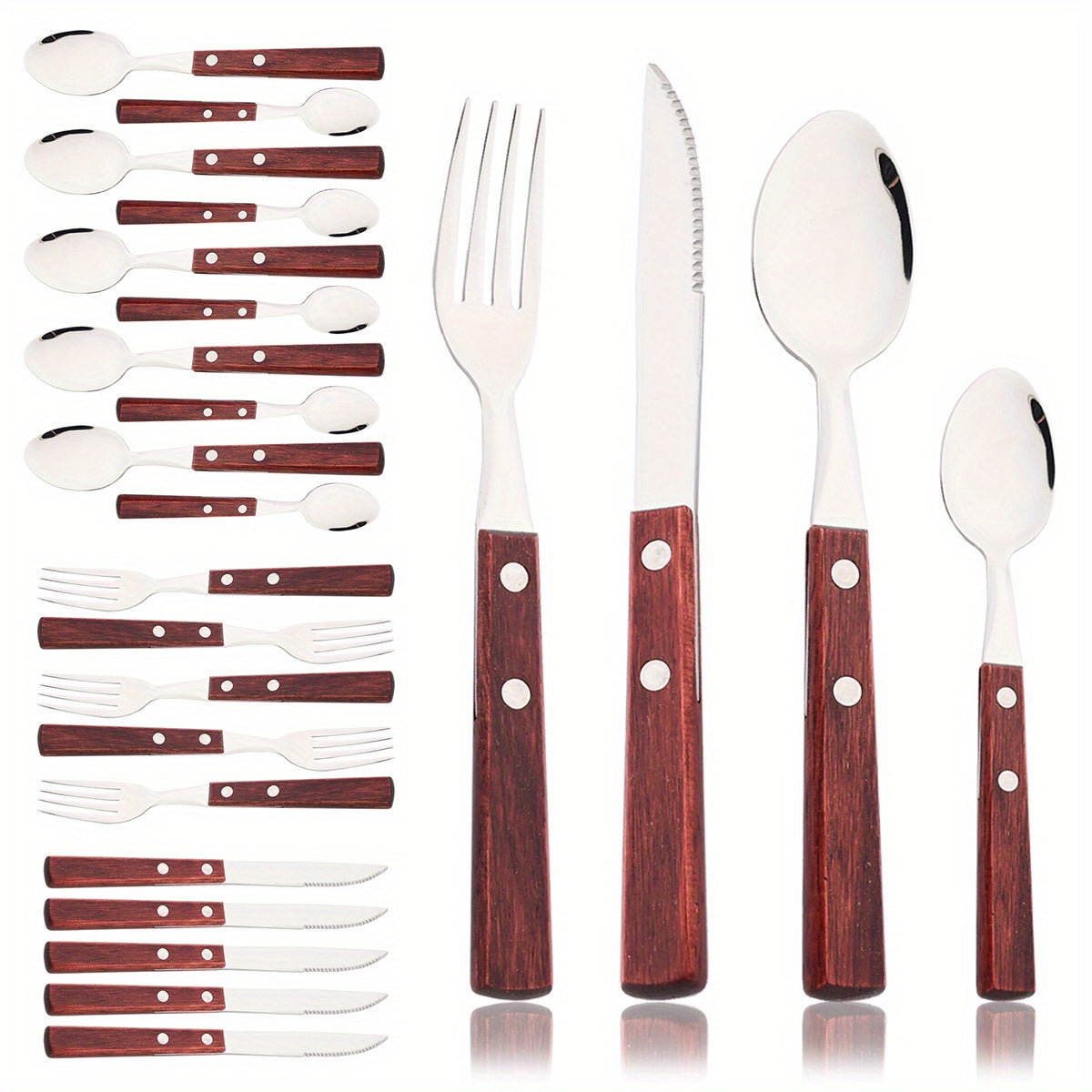 24-Piece Stainless Steel Cutlery Set with Wooden Handles – Mirror Polished Knife, Fork, Spoon & Tea Spoon – Vintage Flatware Set Service for 6 – Perfect for Home, Restaurant & Weddings