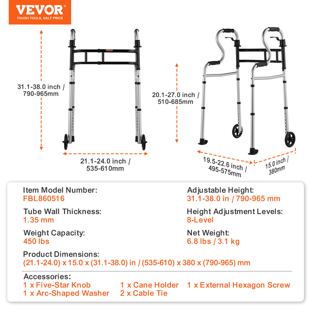 VEVOR 可折叠助行器，高度和宽度可调节