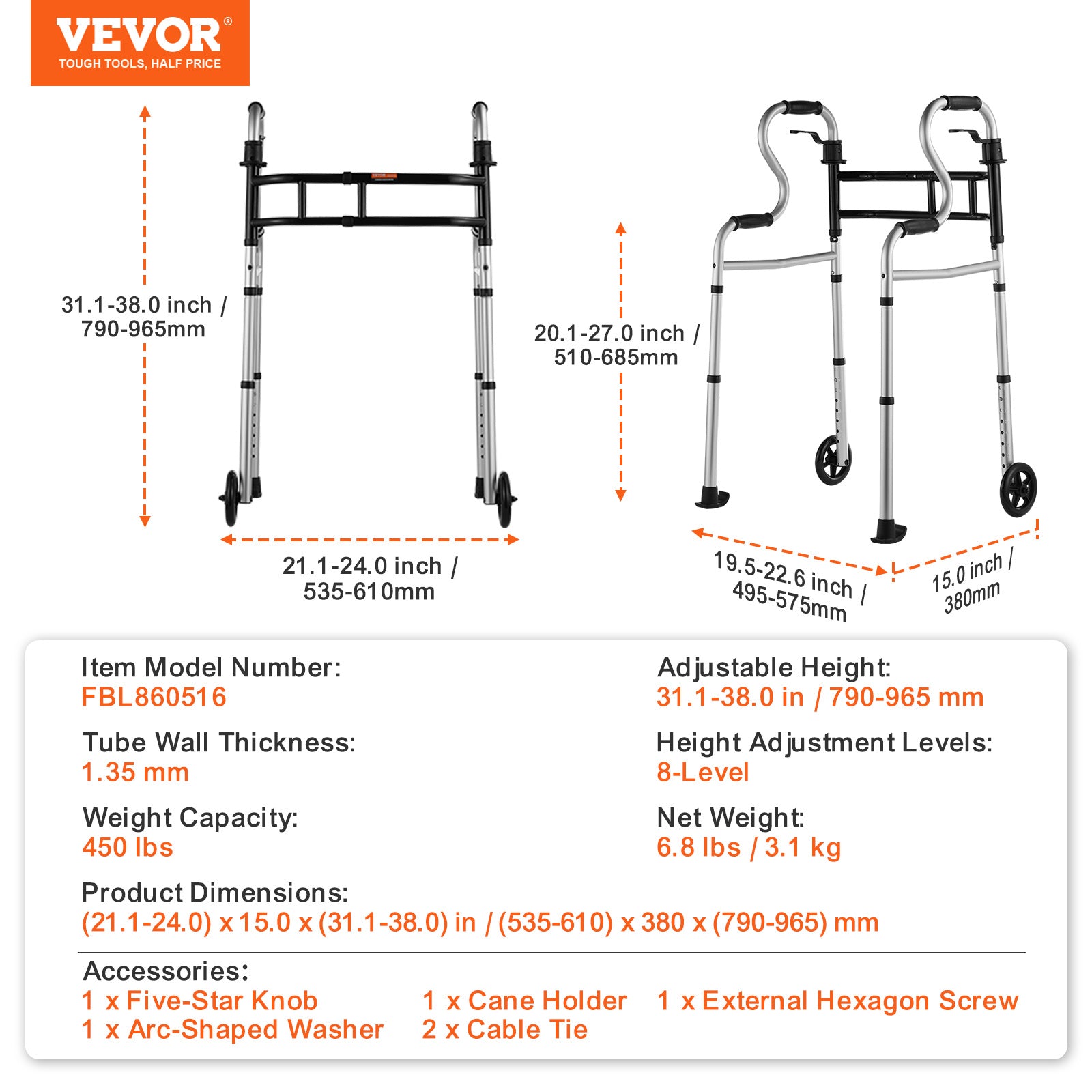 VEVOR 可折叠助行器，高度和宽度可调节