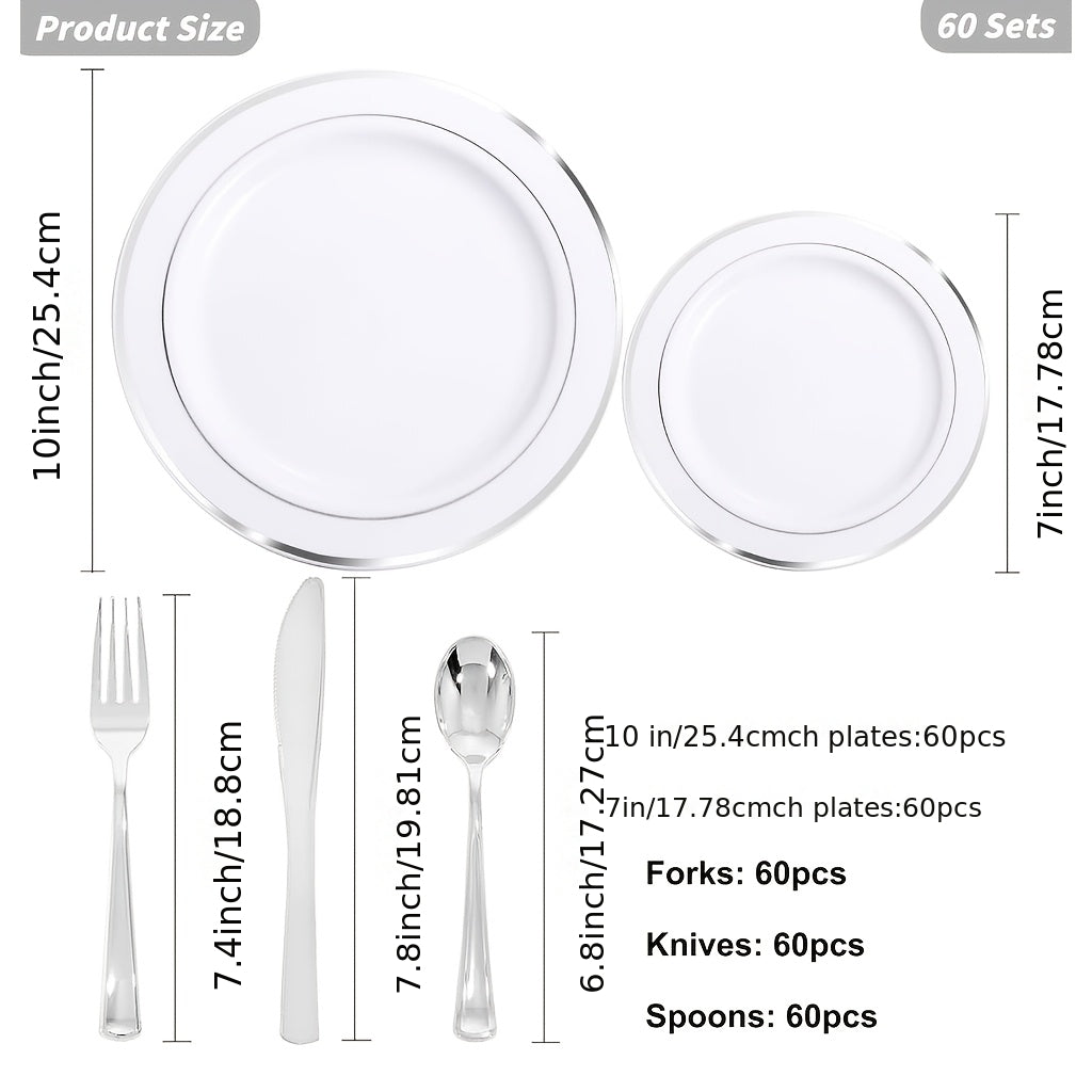 300-Piece Plastic Silver Plates – White & Silver Disposable Plate Set Includes 60 Dinner Plates, 60 Dessert Plates, 60 Forks, 60 Spoons, 60 Knives