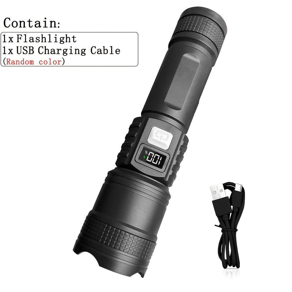 1Pc Super Bright Tactical Rechargeable LED Flashlight, 3 Lighting Modes, Digital Display Screen, Durable & Long Lasting, Ideal for Outdoor Enthusiasts, Hiking, Hunting, Camping and Other Lighting Needs