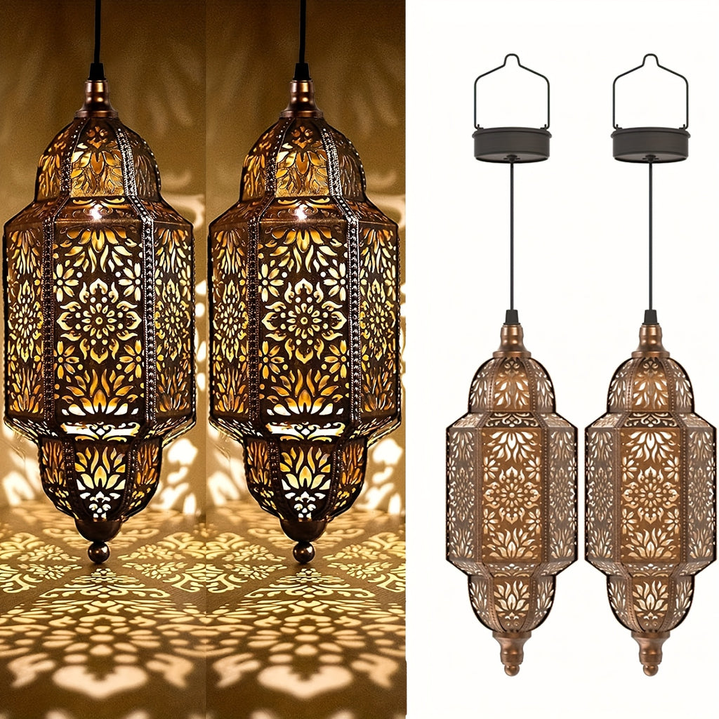 2-Piece Outdoor Solar Lantern, Colorful Moroccan Style Design, IP54 Waterproof Rating and Carved Patterns, Perfect for Decorating Garden, Patio, Walkway, or Halloween.