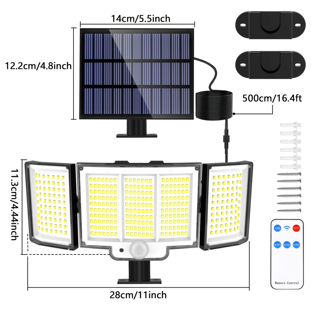 1/2 Pack Solar Outdoor Light, Motion Sensor Light with 348 LEDs, IP65 Waterproof, Wall Light with Remote Control, 3 Adjustable Heads, Street Light with 3 Lighting Modes, Porch and Garden Light, Security LED Floodlight
