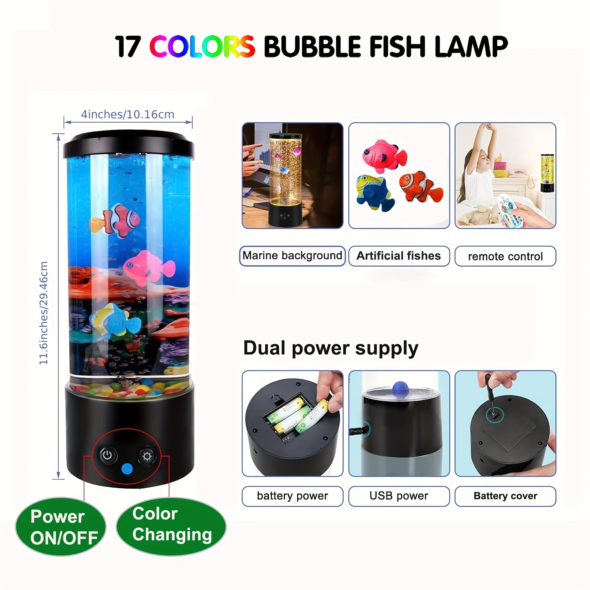 12-inch bubble fish lamp, bubble tube, jellyfish lamp, bedroom table lamp, 17 colors adjustable, multi-color changing aquarium light, with remote control, dual power supply, mood night light decoration