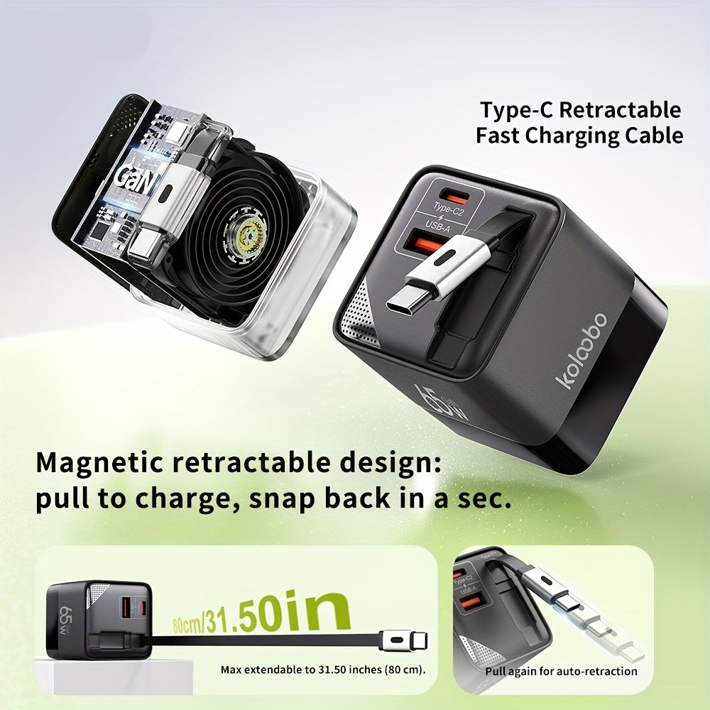 65W Portable Fast Charger with a Retractable Cable And Foldable Plug, Designed for Travel. Compatible with for iphone 17/16/Pro/Pro Max/15/14 And Galaxy/Ultra Series. The Charging Cable Retracts for Easy Storage And Portability