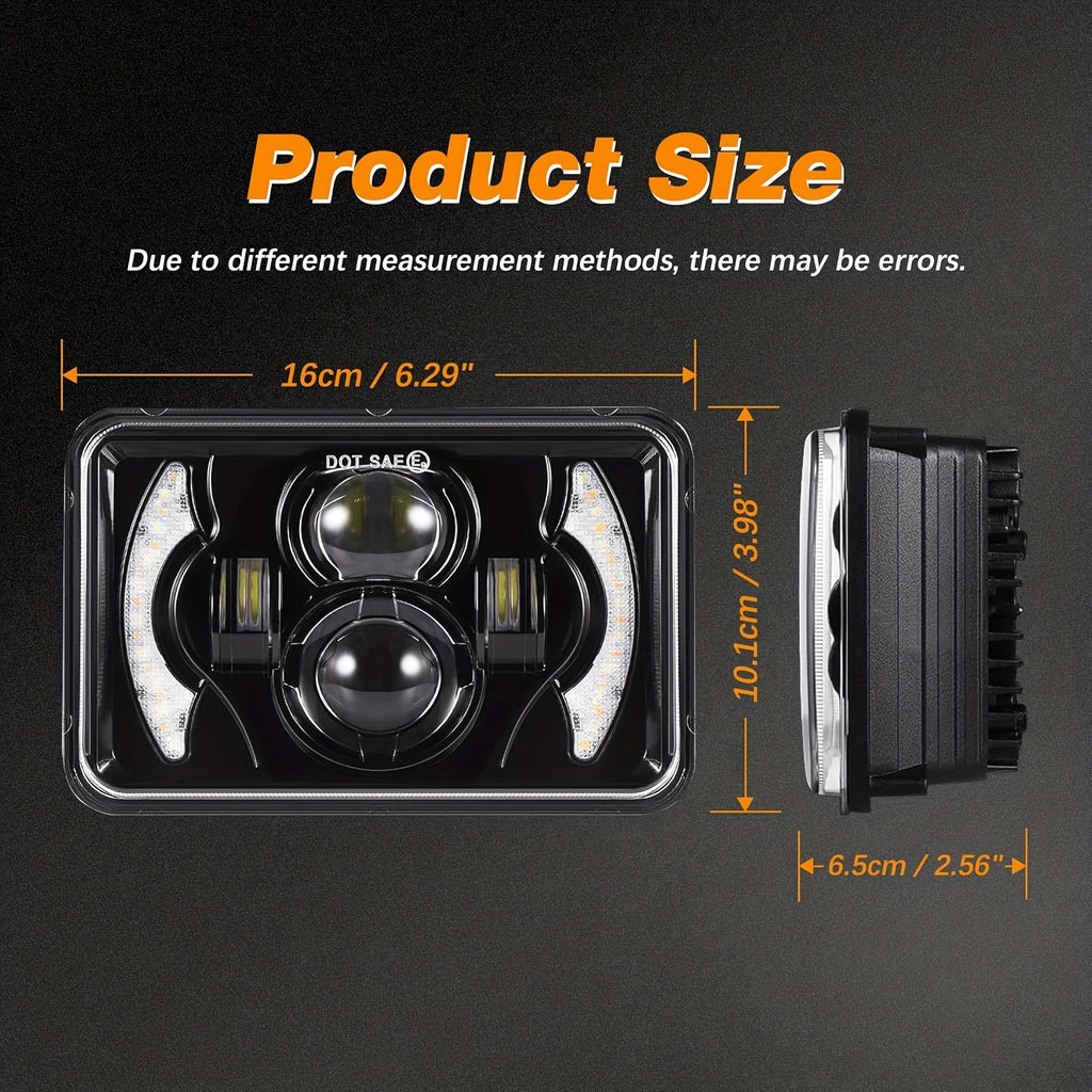2-Pack 4X6 LED Headlight Set with High/Low Beam, Designed for Cars, with Daytime Running Light and Turn Signal, Suitable for 12V and 24V Trucks, No Battery Included