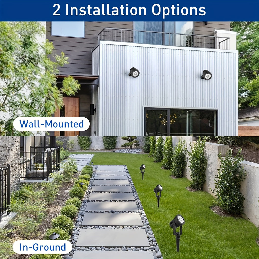 Outdoor solar spotlights, available in 2/4-pack, offering warm white and cool white options, suitable for landscaping, Christmas decoration, and illuminating yards, trees, gardens, ponds, and pool areas
