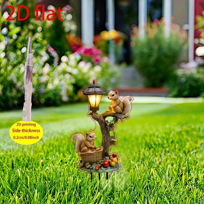 2D Flat, 1pc Bohemian Style Whimsical Squirrel & Tree Light Outdoor Garden Ground Insert Decoration - All-Weather Lawn Decor, Perfect for Courtyard, Patio, Squirrel Themed Landscape Art, with Hanging Lantern and Bird‘s Nest