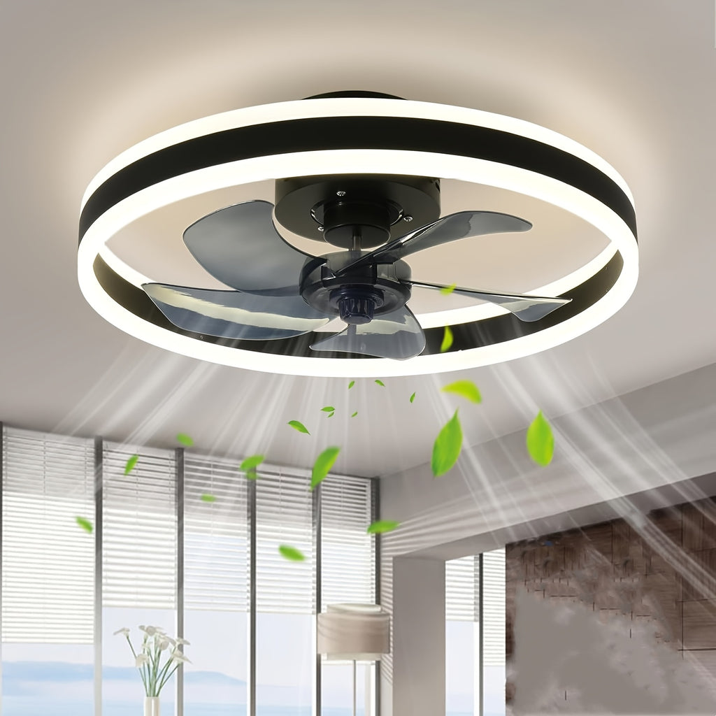 Remote Control Ceiling Fan with Light, 19.7 Inch Slim Flush Mount Fan, 3000-6000K Dimmable Modern Recessed LED Light, 6 Speed Levels, Black Ceiling Fan Lamp, Ideal for Bedroom Kids Room Living Room (Black)