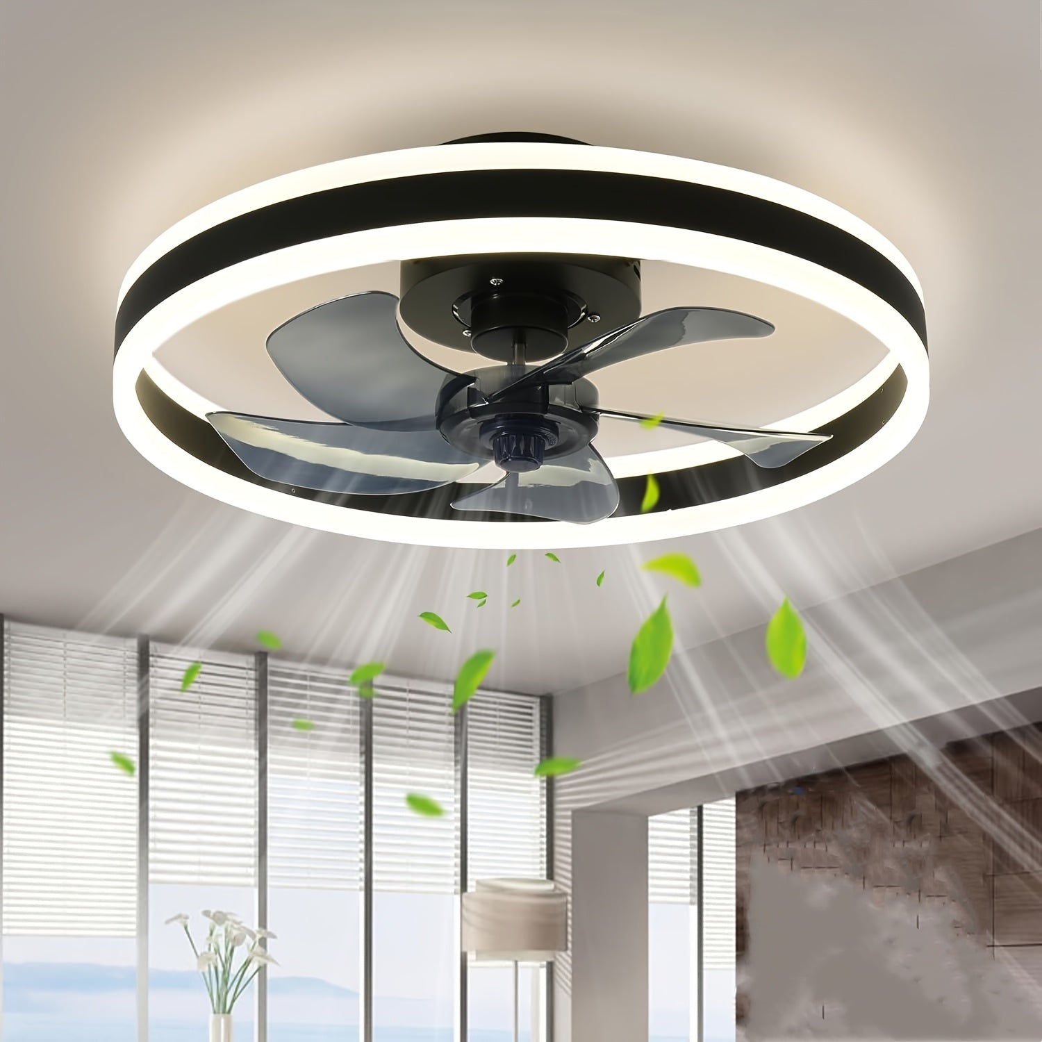 Remote Control Ceiling Fan with Light, 19.7 Inch Slim Flush Mount Fan, 3000-6000K Dimmable Modern Recessed LED Light, 6 Speed Levels, Black Ceiling Fan Lamp, Ideal for Bedroom Kids Room Living Room (Black)