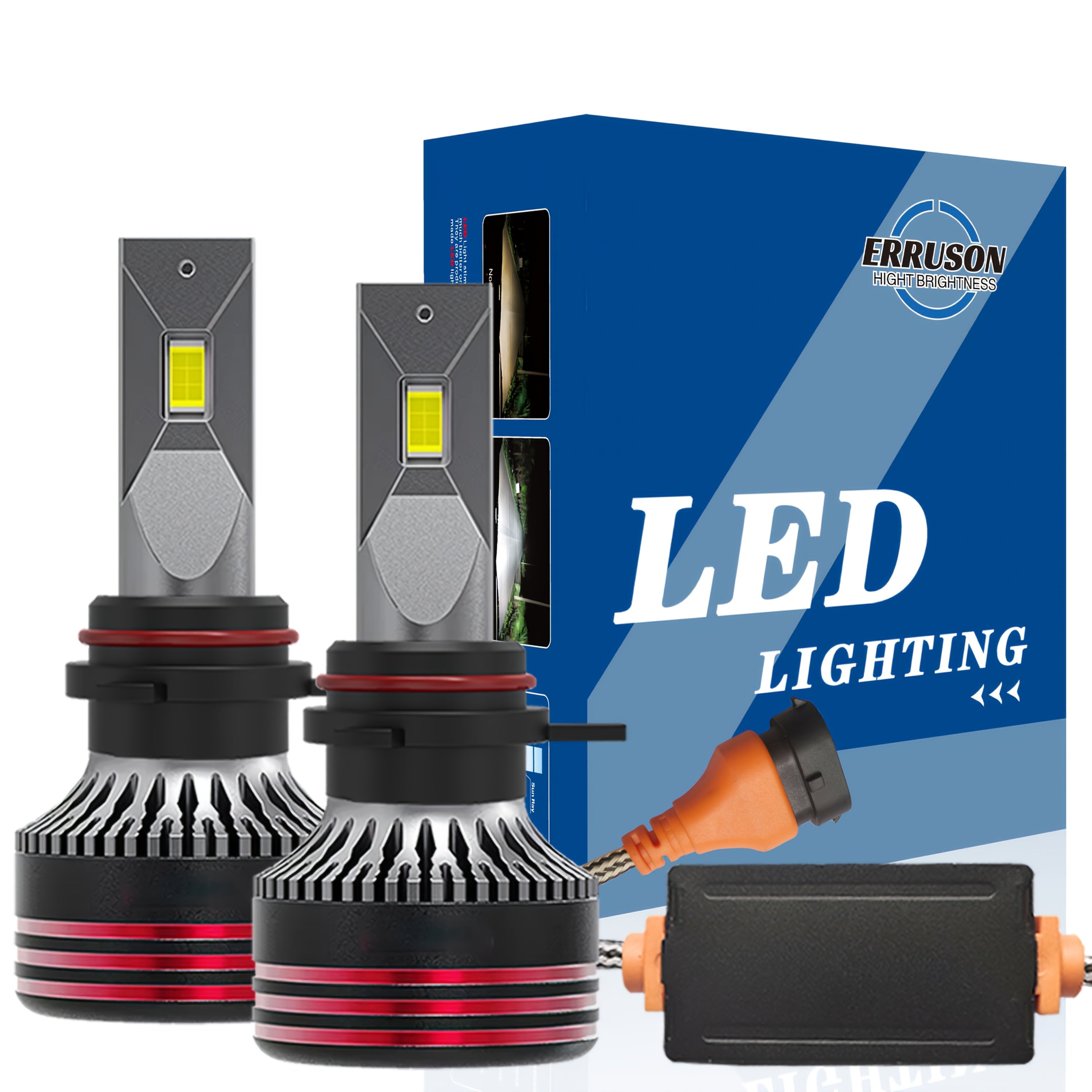Erruson 2-Pack Upgraded 9005/HB3 9006/HB4 H7 H11 H4 H1 LED Headlight Bulbs High/Low Beam Integrated 50000 Lumens 500% Brightness Increase 6000K Color Temperature Plug-and-Play Cooling Fan