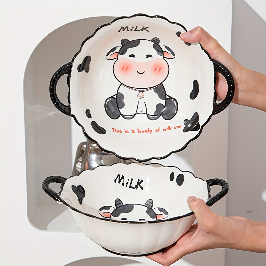 DUDU Cow Ceramic Dinnerware – 3/4pcs, Cute Cartoon Style, Rice Bowl / Salad Bowl / Soup Bowl / Handle Bowl, Small Spoon – Perfect for Dormitory or College Students