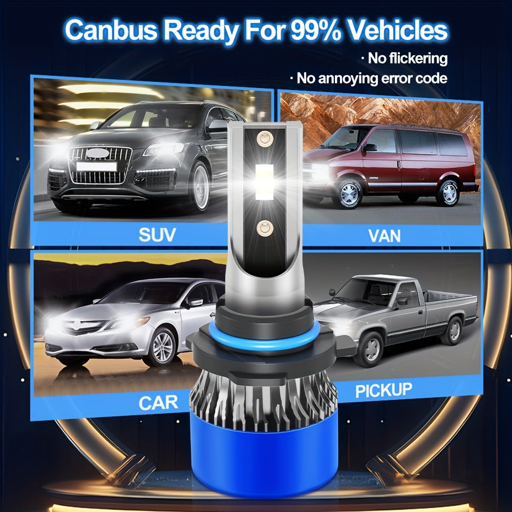2Pcs H1 H7 H11 9005 9006 9012 H4 H13 9007 9004 LED Car Headlights, Brightness 3570 CSP Chip 6000K White Light 60000 Lumens 200W High/Low Beam Fog Light Fast Heat Dissipation