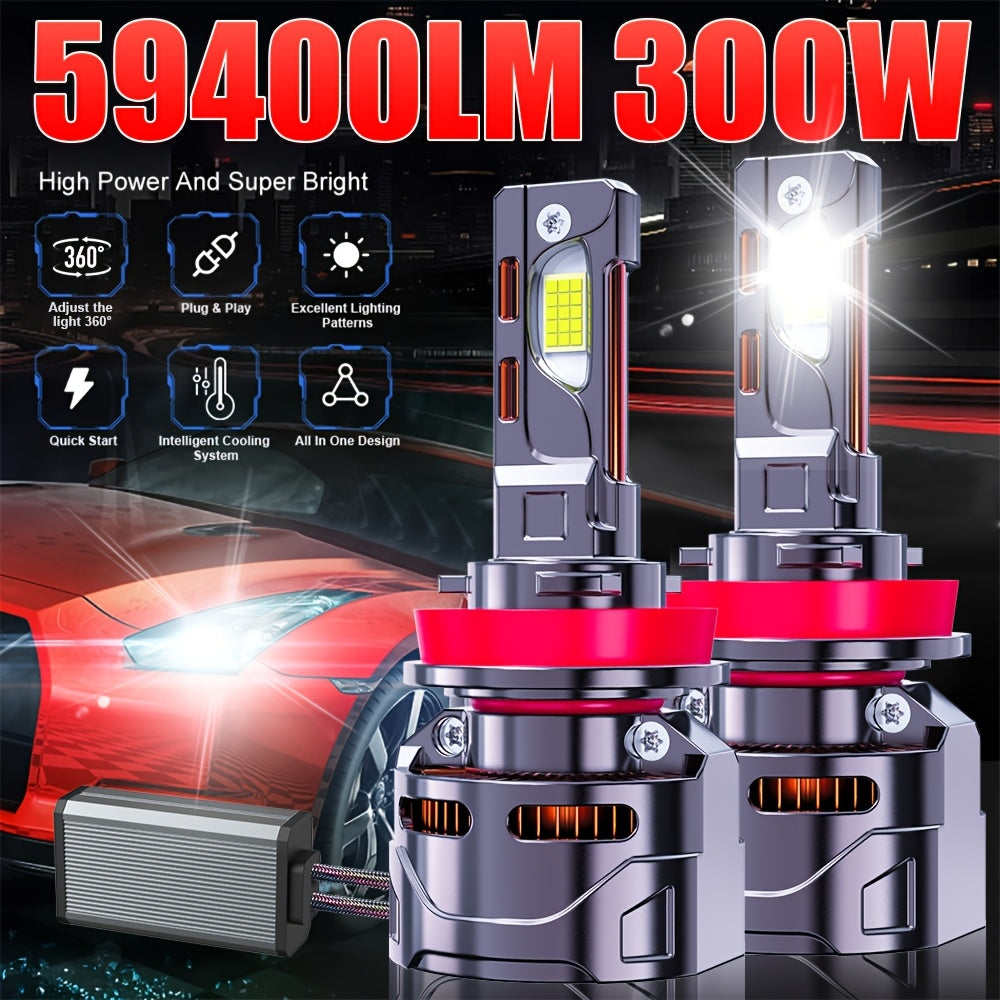 2PCS Car LED Headlight Bulbs - H11-O116, 59400LM, 300W, 7500K, 360° Beam Angle, 9570 CSP Chip, 1000% Brightness, H1, H4, H7, 9005, 9006, 9012, Plug-and-Play, No Battery, Driving Light, Spotlight