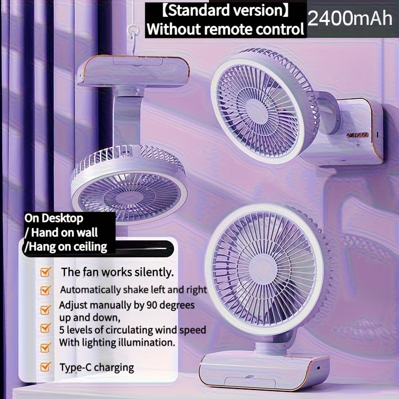 Multifunctional 3-in-1 Fan, Desktop Table Wall Mount Combo Fan, Built-in 2400mAh Battery, USB Rechargeable, Lightweight Portable Design for Home, Office and Dormitory