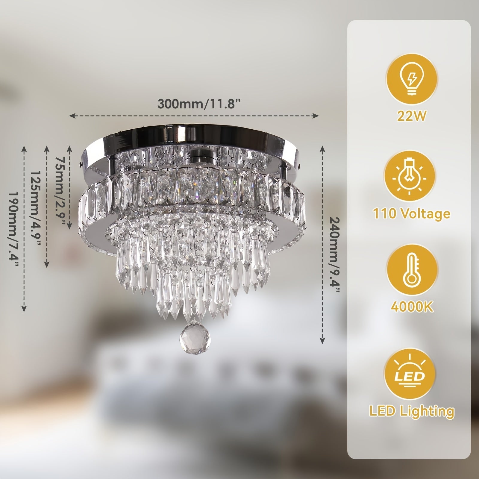 Remote Control Dimmable LED Crystal Ceiling Light - 11.8-Inch Modern Pendant Light with 3 Adjustable Light Colors, Suitable for Bedroom, Living Room and Hallway