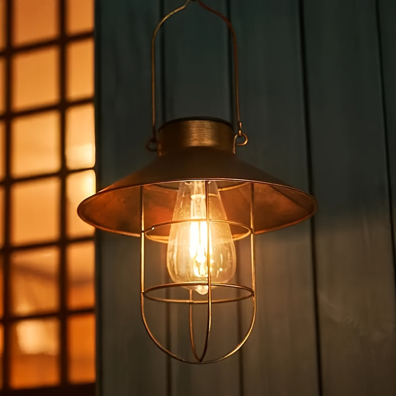 Solar portable hanging light, copper metal Edison warm light bulb, courtyard, patio, porch, pathway lighting, Halloween, Christmas holiday decorative gift, vintage outdoor decorative light